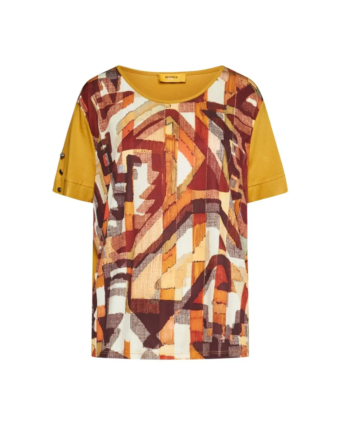 Maglia in viscosa elasticizzata tinta unita con parte frontale con fantasia multicolore e dettaglio OCRA DORABELLA PIU' 47