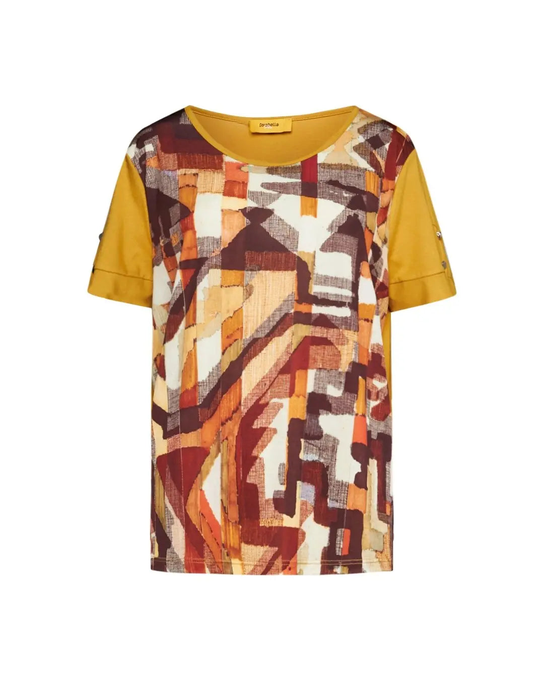 Maglia in viscosa elasticizzata tinta unita con parte frontale con fantasia multicolore e dettaglio OCRA DORABELLA PIU'