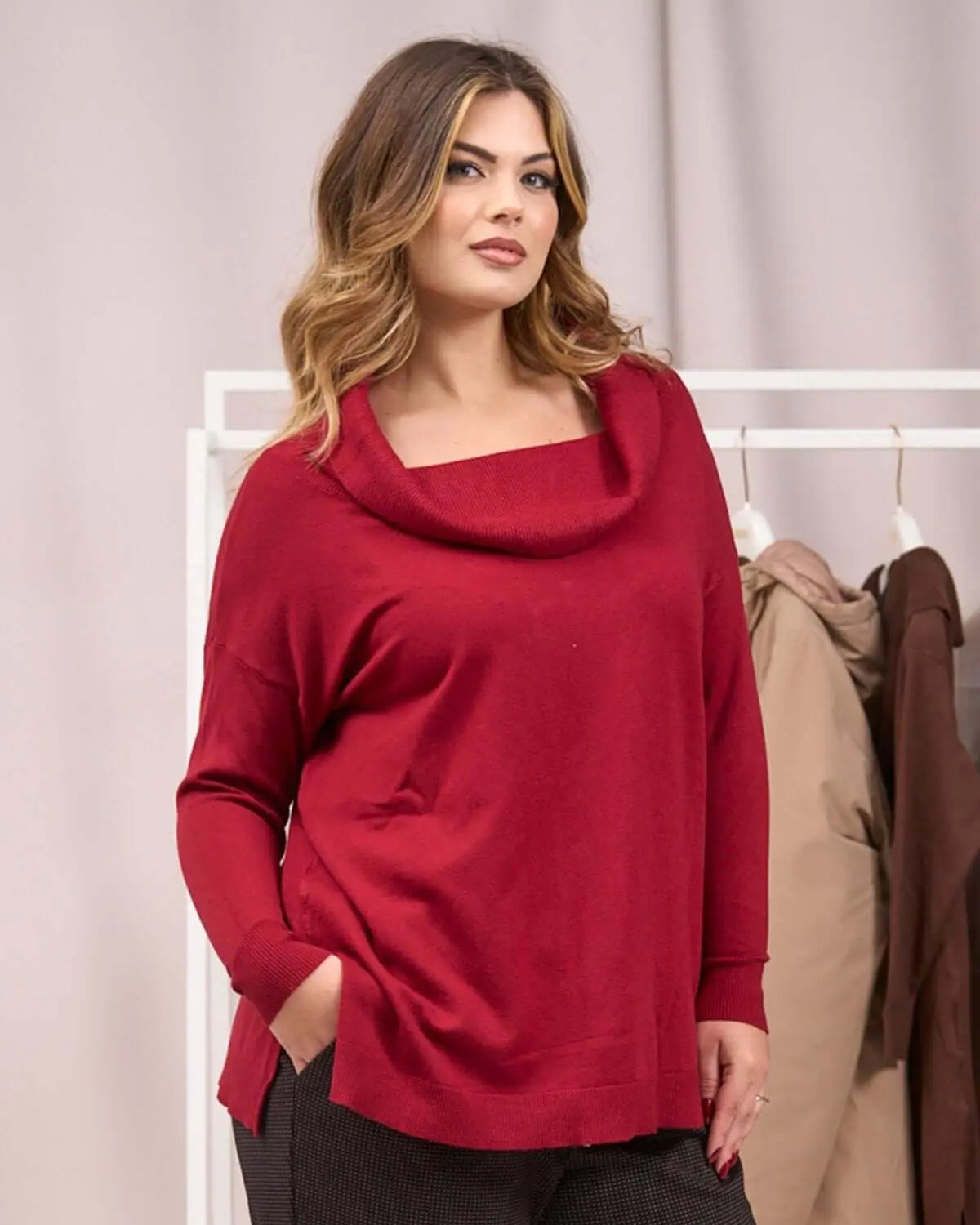 Maglia maxi con collo sciallato e spacchi BORDEAUX DORABELLA PIU' L-XL