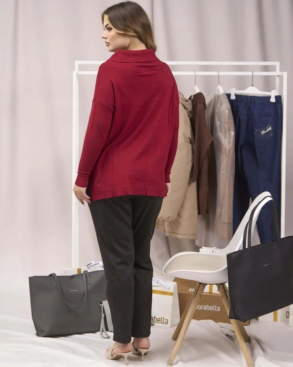 Maglia maxi con collo sciallato e spacchi BORDEAUX DORABELLA PIU'