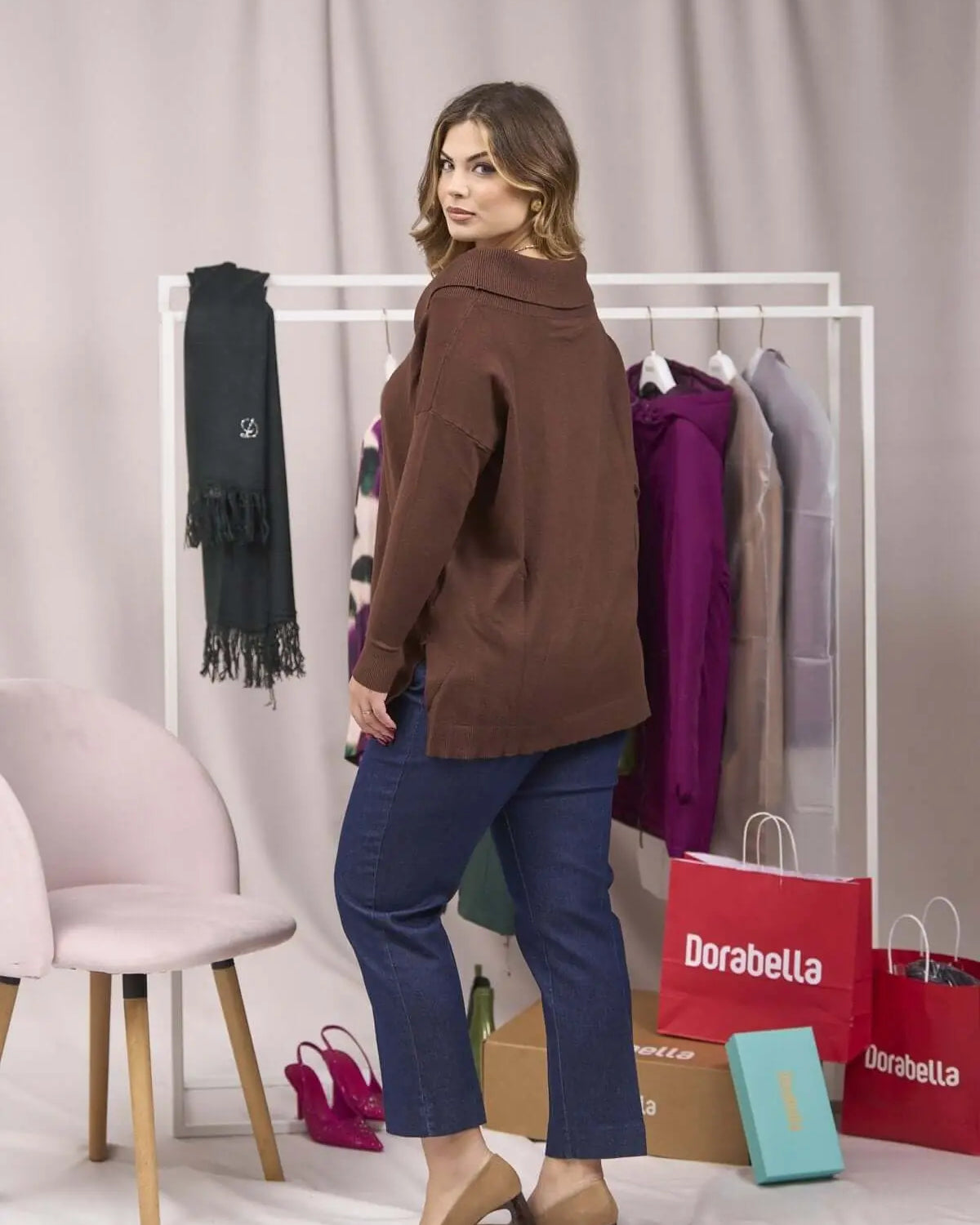 Maglia maxi con collo sciallato e spacchi CACAO DORABELLA PIU'