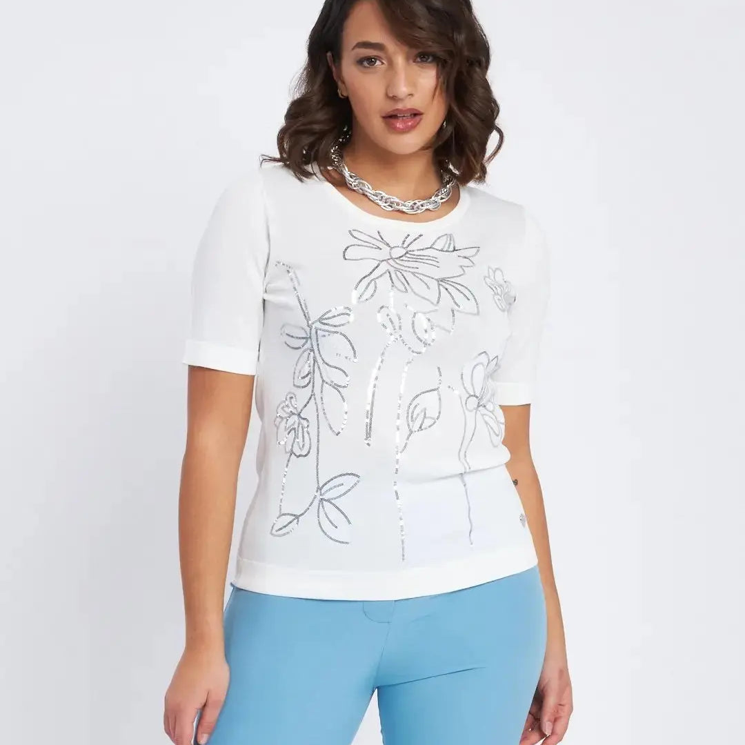 Maglia mezze maniche con ricamo in paillettes BIANCO DORABELLA XL