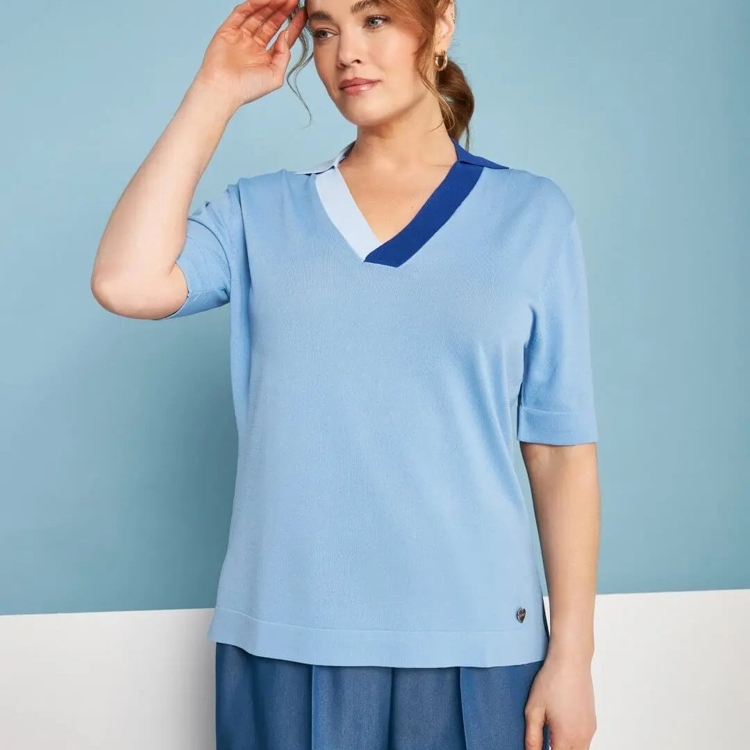 Maglia polo a maniche corte in filato di misto viscosa tinta unita con scollo a contrasto LIGHT BLUE DORABELLA PIU' XXXL