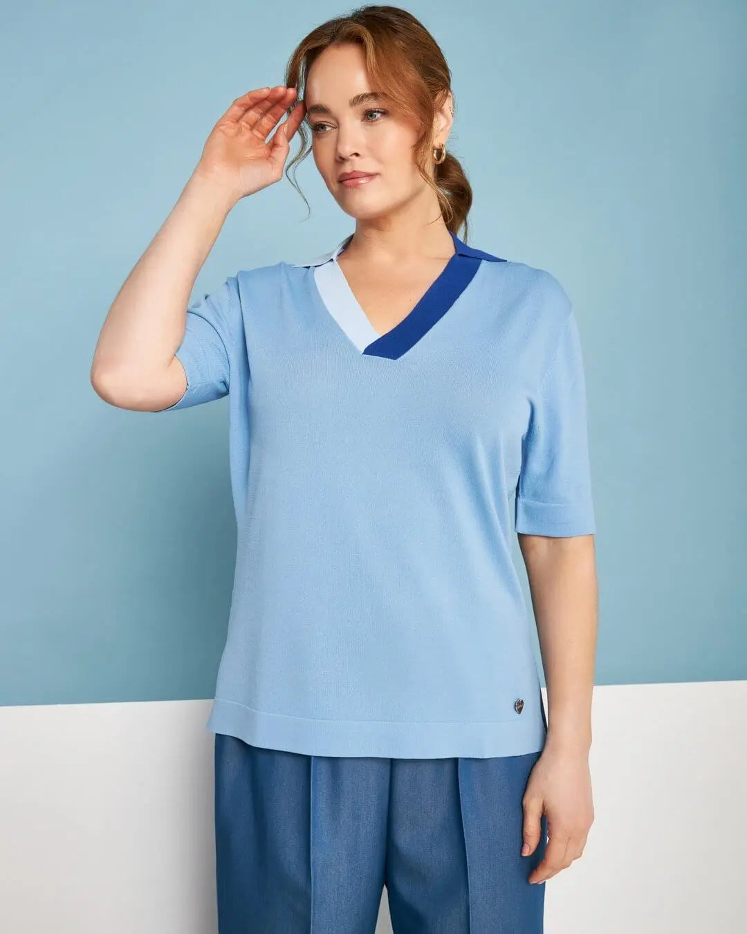 Maglia polo a maniche corte in filato di misto viscosa tinta unita con scollo a contrasto LIGHT BLUE DORABELLA PIU' XXXL