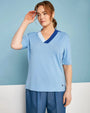 Maglia polo a maniche corte in filato di misto viscosa tinta unita con scollo a contrasto LIGHT BLUE DORABELLA PIU' XXXL