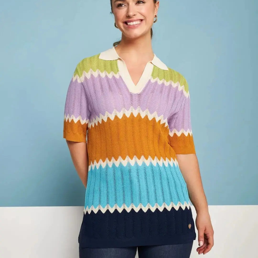 Maglia polo in filato di misto viscosa traforata con motivo chevron BLU DORABELLA XL