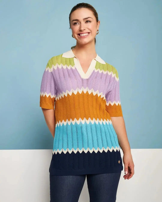 Maglia polo in filato di misto viscosa traforata con motivo chevron BLU DORABELLA XL