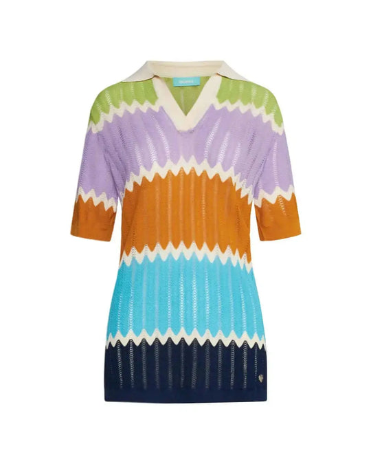Maglia polo in filato di misto viscosa traforata con motivo chevron BLU DORABELLA