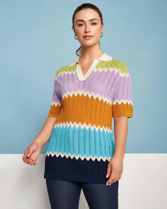 Maglia polo in filato di misto viscosa traforata con motivo chevron BLU DORABELLA