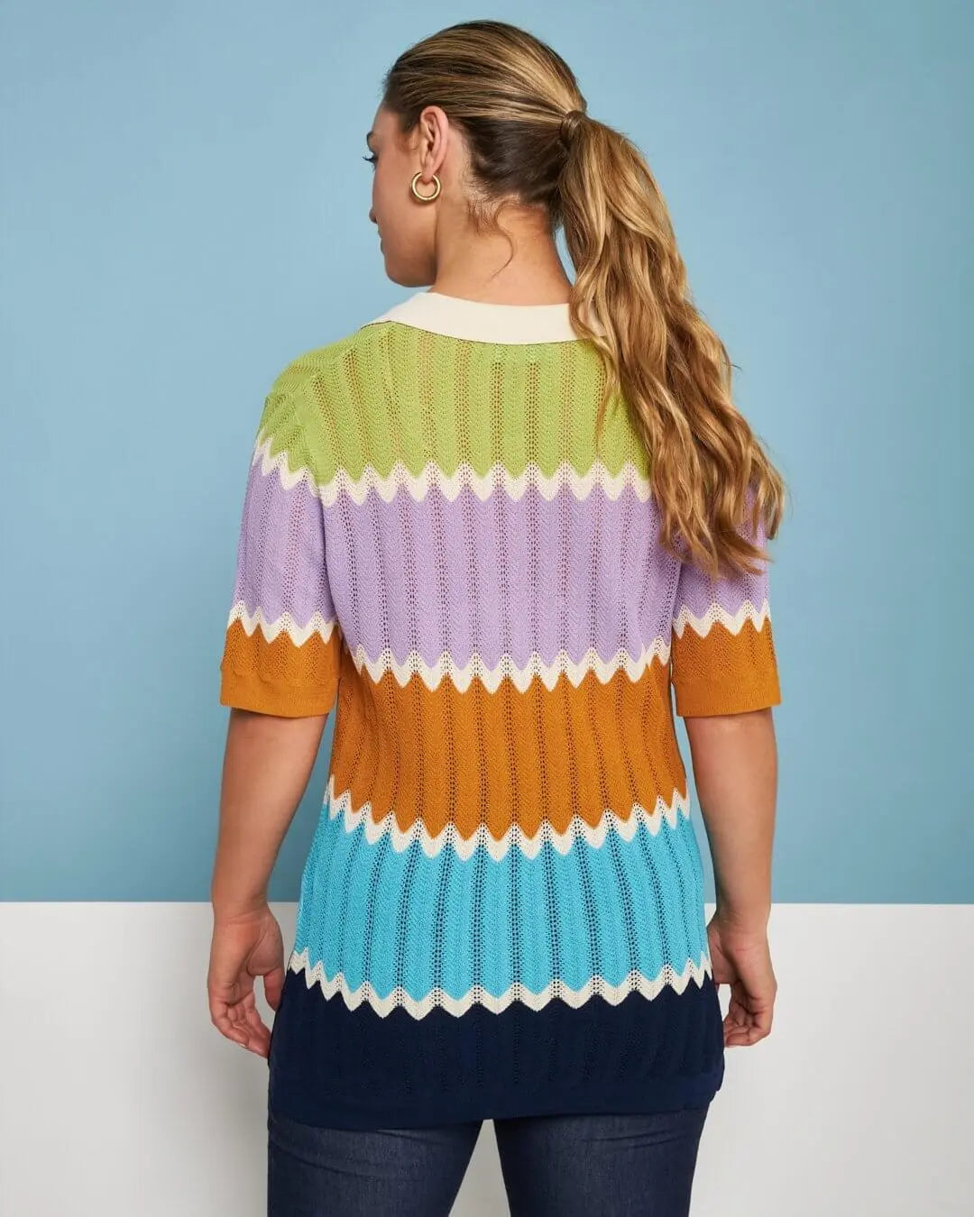 Maglia polo in filato di misto viscosa traforata con motivo chevron BLU DORABELLA