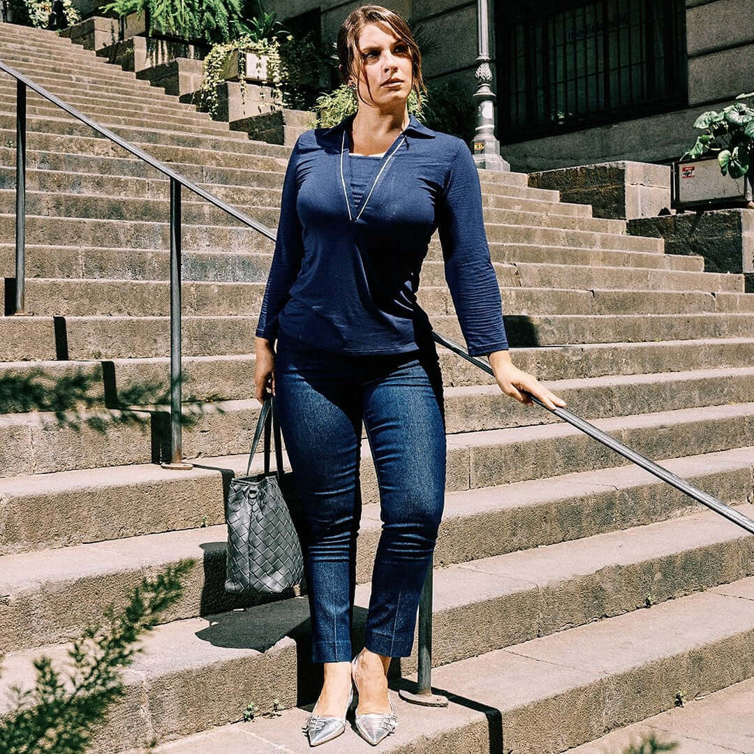 Maglia polo viscosa elasticizzata con lurex BLU DORABELLA XXL