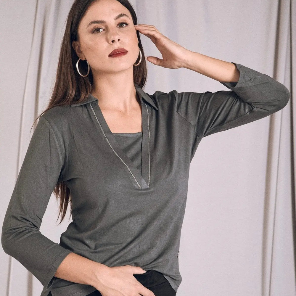 Maglia polo viscosa elasticizzata con lurex PIOMBO DORABELLA XXL