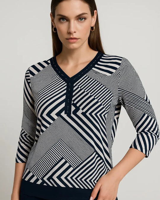 Maglia scollo a V a fantasia con applicazioni strass frontali DORABELLA PIU'