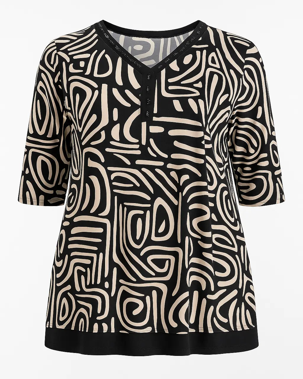 Maglia scollo a V a fantasia geometrica con applicazioni strass sul fintone DORABELLA PIU'