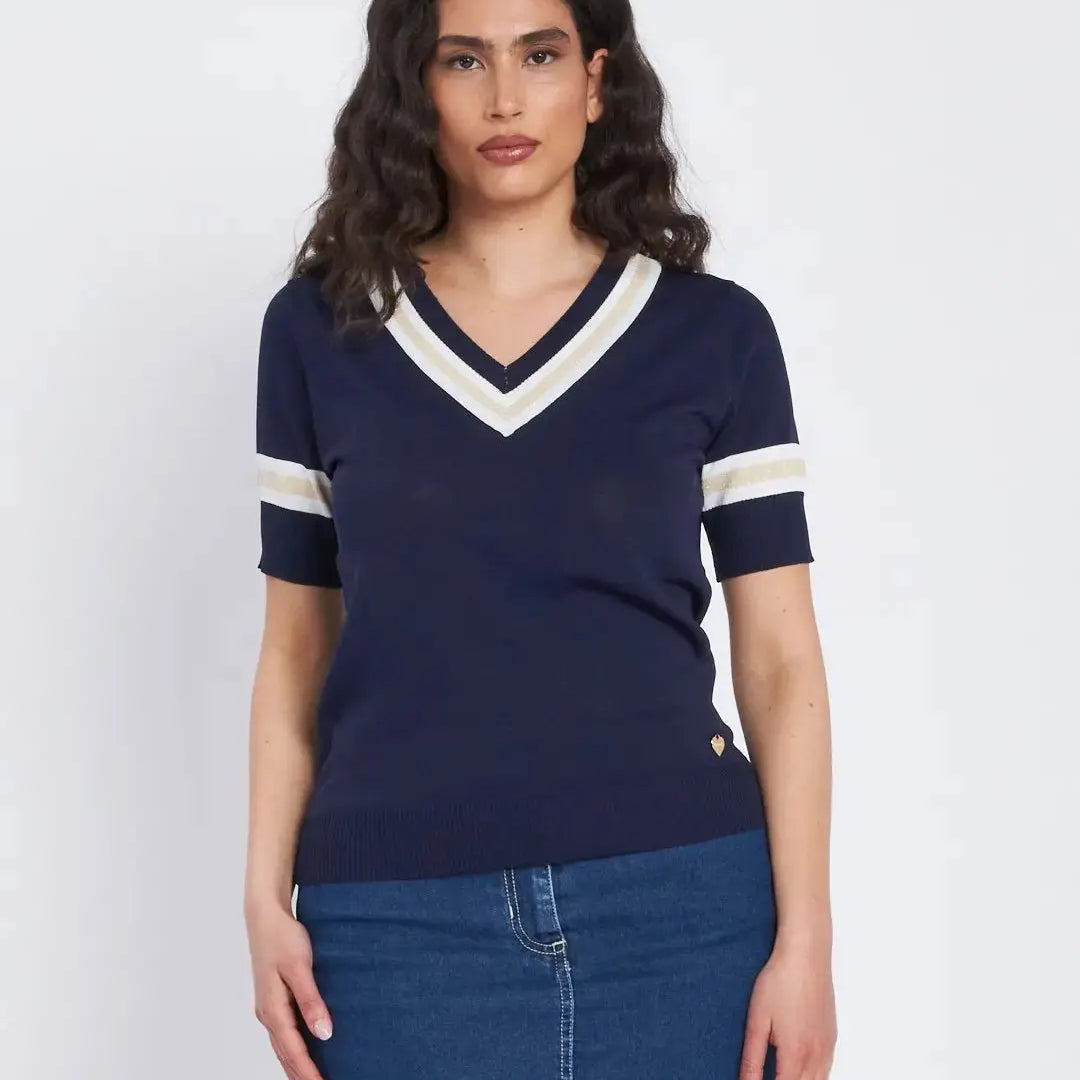 Maglia scollo a V con orli a costine bicolor BLU DORABELLA XL