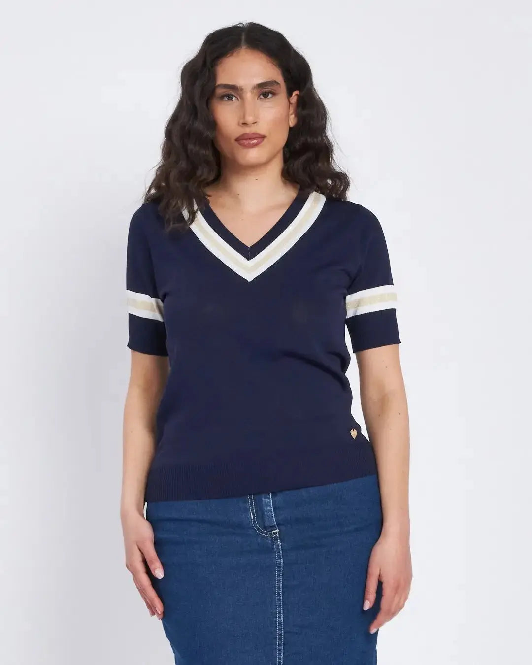 Maglia scollo a V con orli a costine bicolor BLU DORABELLA XL