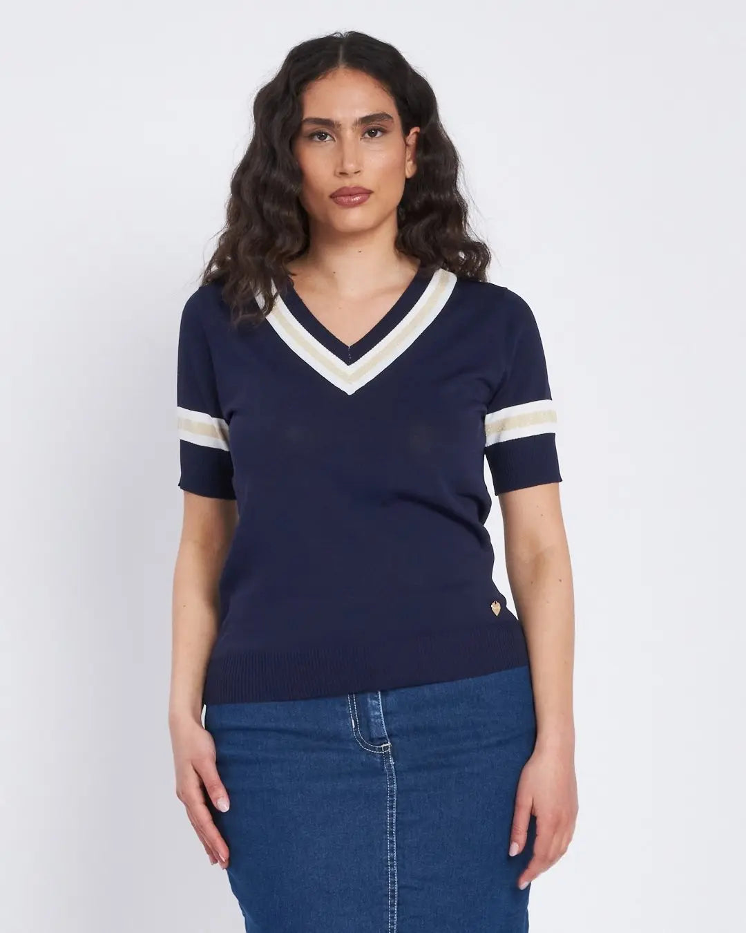 Maglia scollo a V con orli a costine bicolor BLU DORABELLA XL