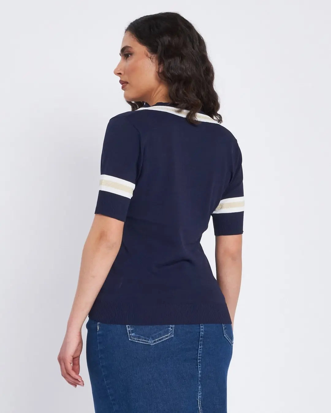 Maglia scollo a V con orli a costine bicolor BLU DORABELLA