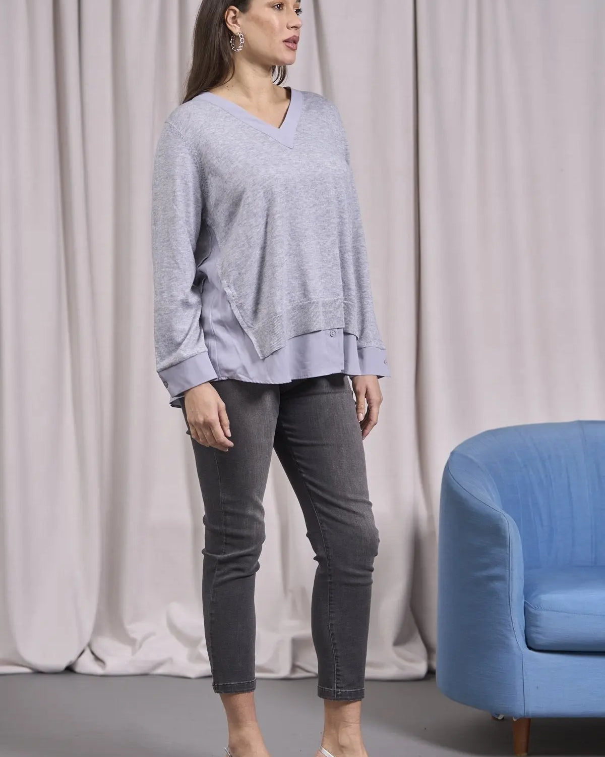 Maglia scollo a V con spacchi e inserti GRIGIO MELANGE IRONICA