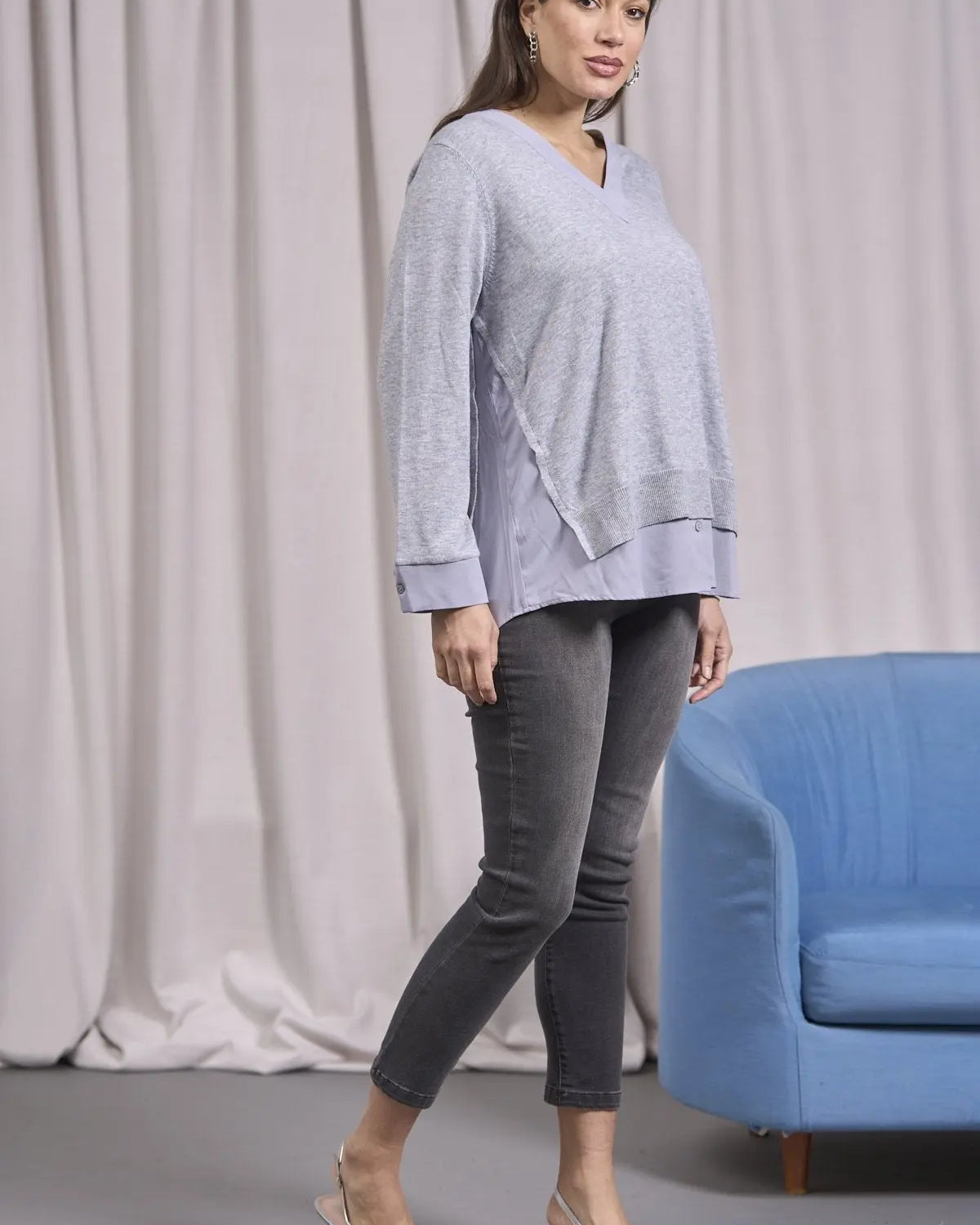 Maglia scollo a V con spacchi e inserti GRIGIO MELANGE IRONICA