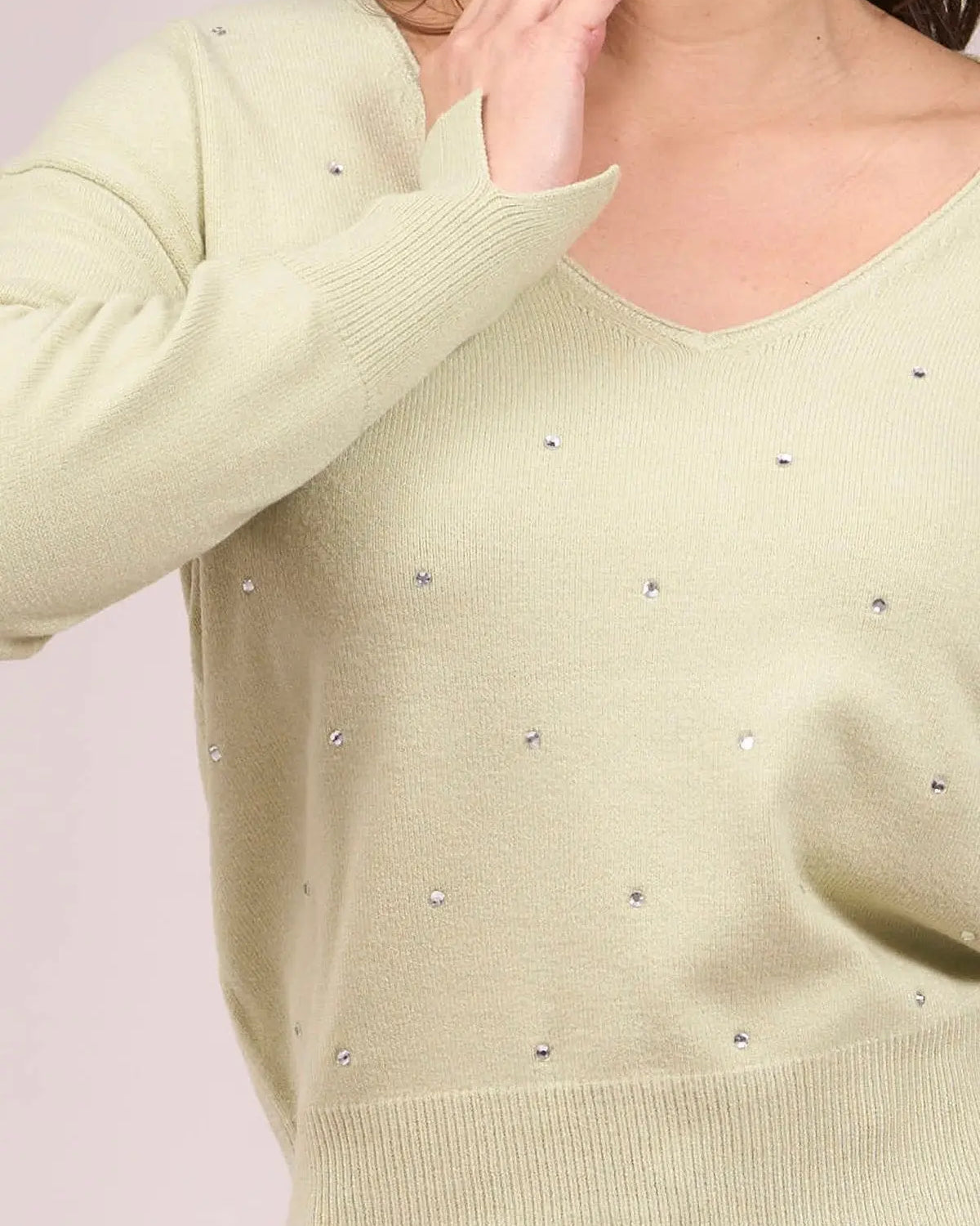 Maglia scollo a V con strass frontali e spacchetti VERDE IRONICA