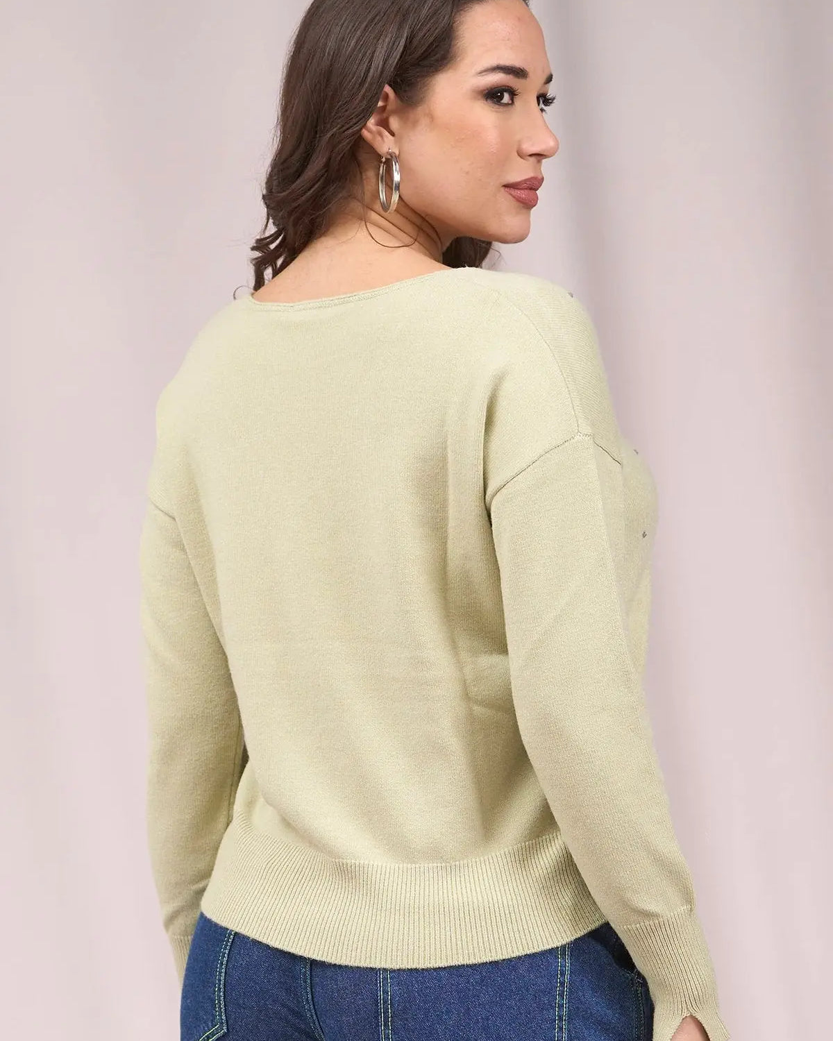 Maglia scollo a V con strass frontali e spacchetti VERDE IRONICA