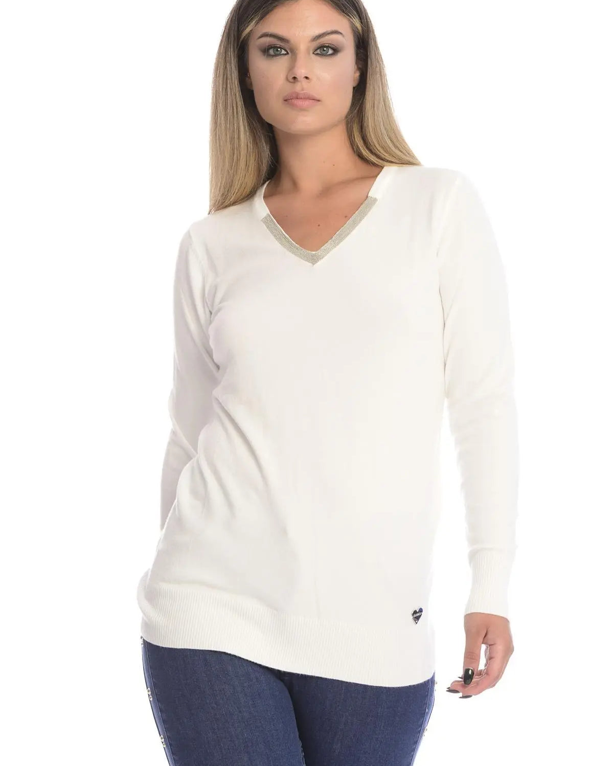 Maglia scollo a V e strass OFF WHITE DORABELLA