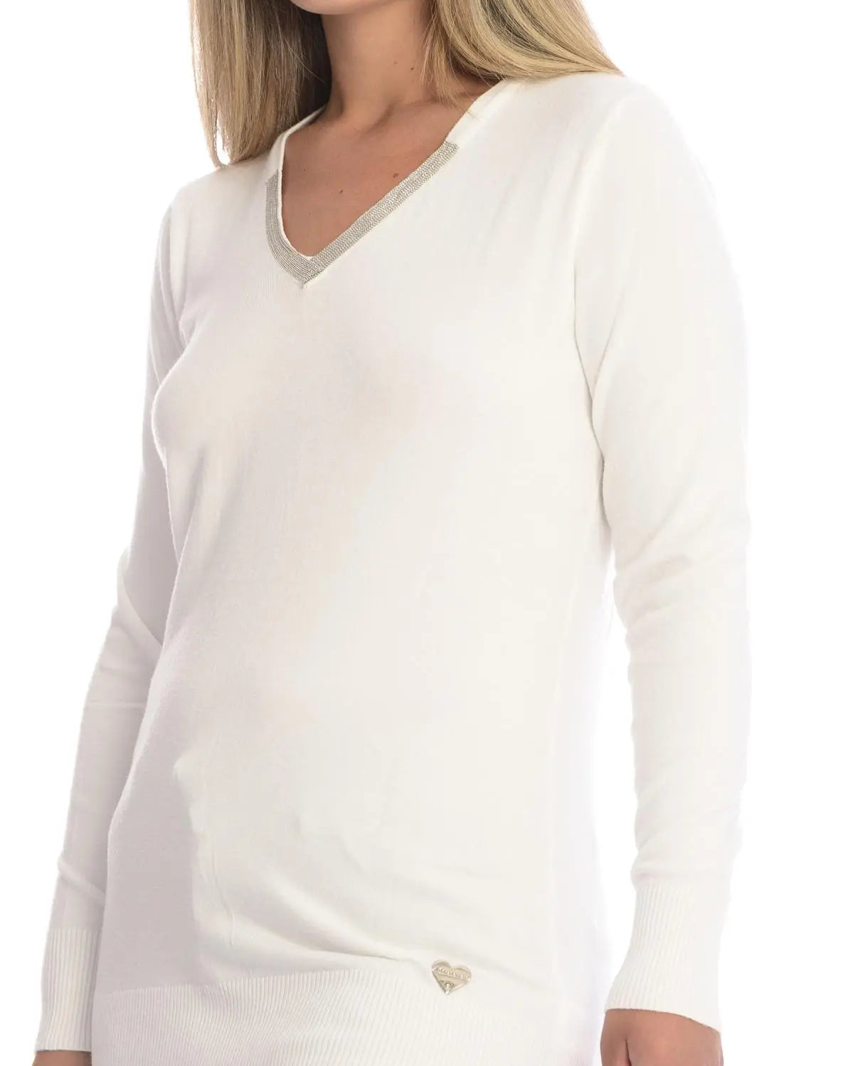 Maglia scollo a V e strass OFF WHITE DORABELLA