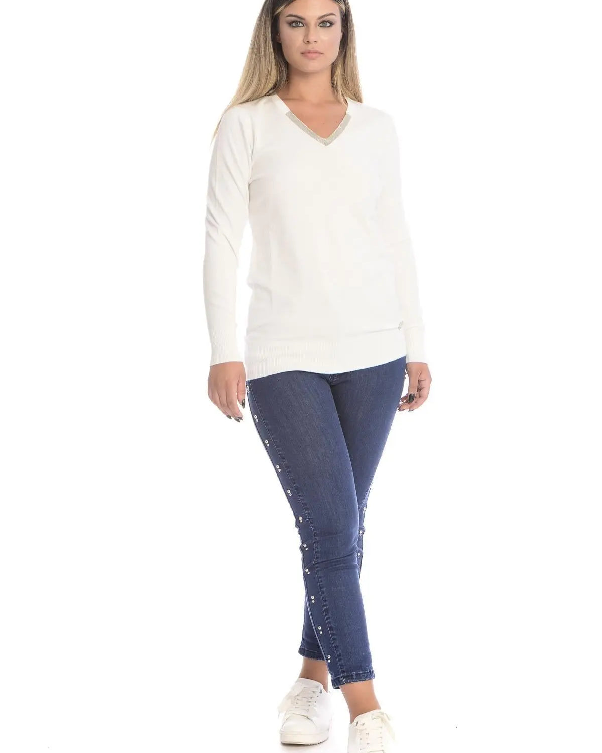 Maglia scollo a V e strass OFF WHITE DORABELLA