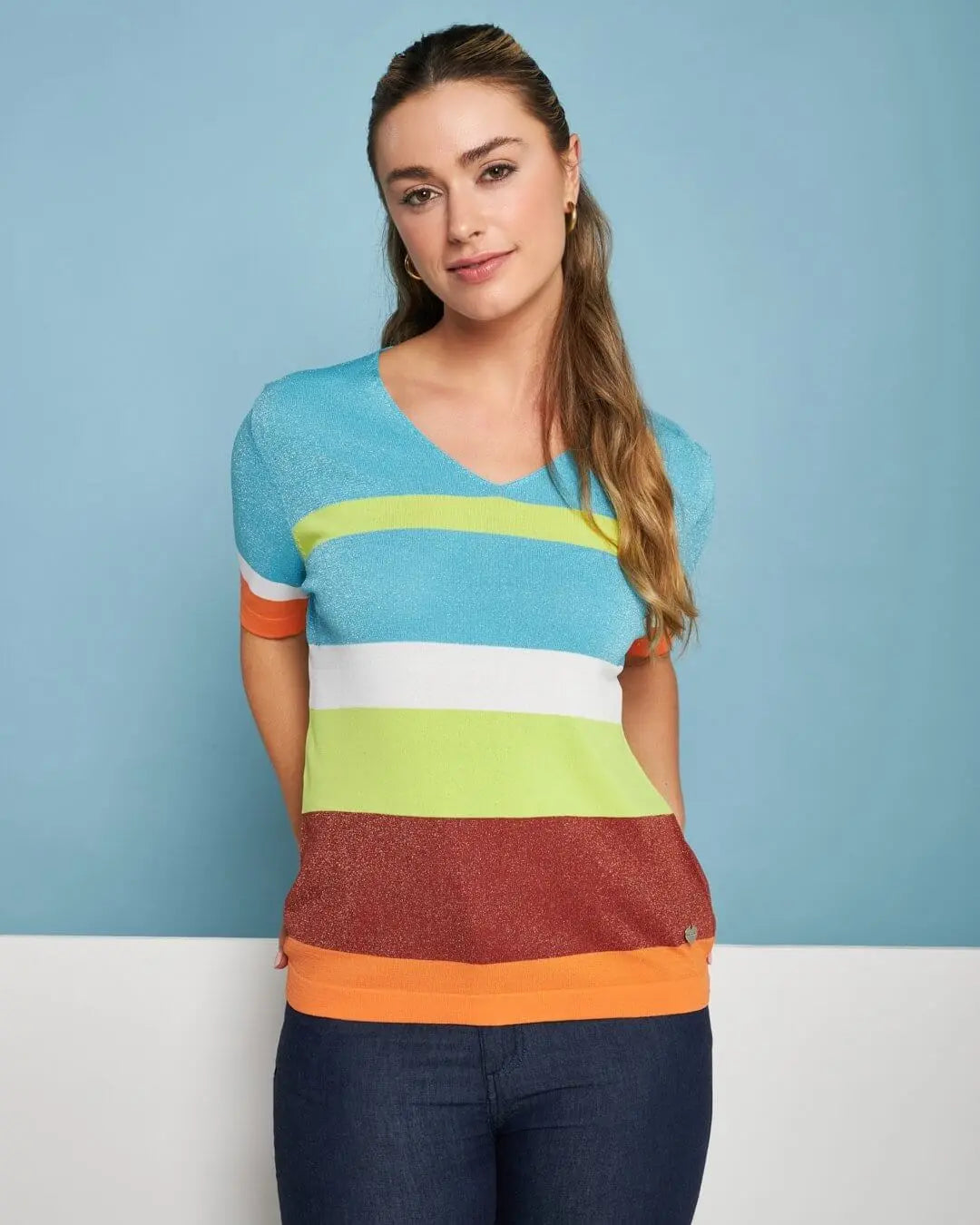 Maglia scollo a V in filato di misto viscosa a righe lurex MULTICOLOR DORABELLA XL
