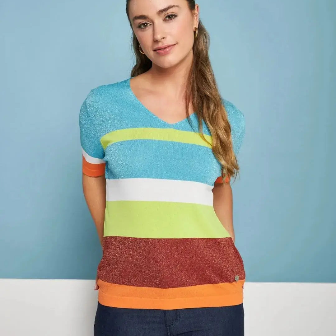 Maglia scollo a V in filato di misto viscosa a righe lurex MULTICOLOR DORABELLA XL