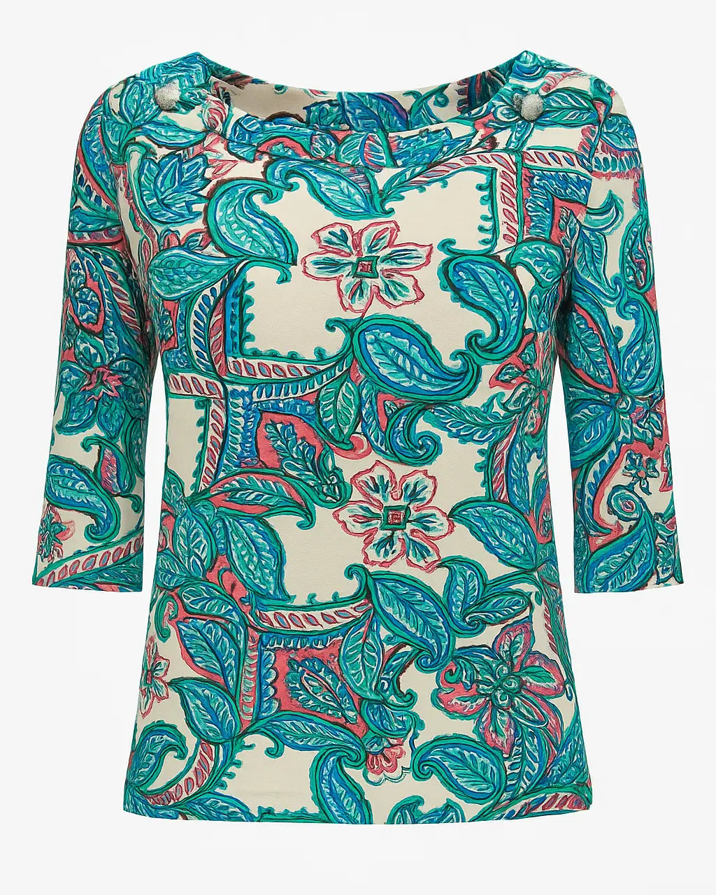 Maglia scollo a barca in tessuto stretch stampato DORABELLA XXL-Turchese