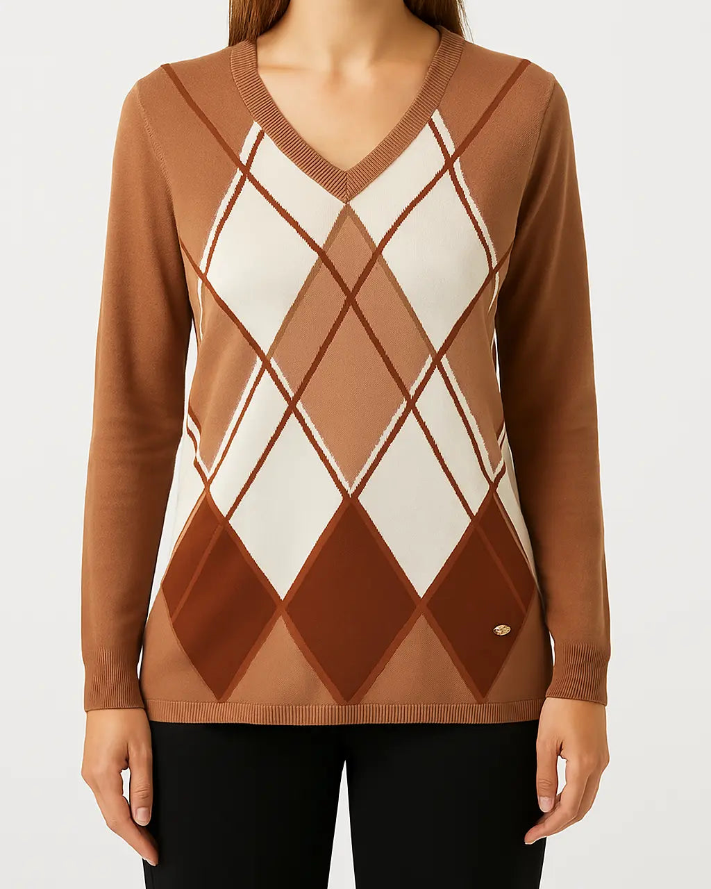 Maglia scollo a v con rombi Cammello DORABELLA