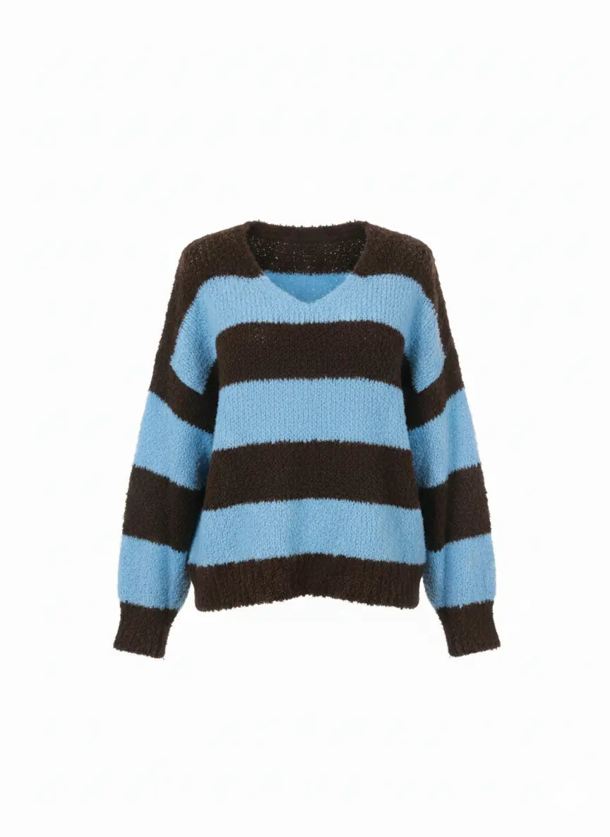 Maglione Oversize a Righe con scollo a V IRONICA Taglia unica (44/46 o M/L) / Celeste