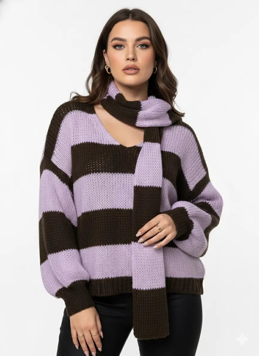 Maglione con scollo a V e sciarpa coordinata IRONICA