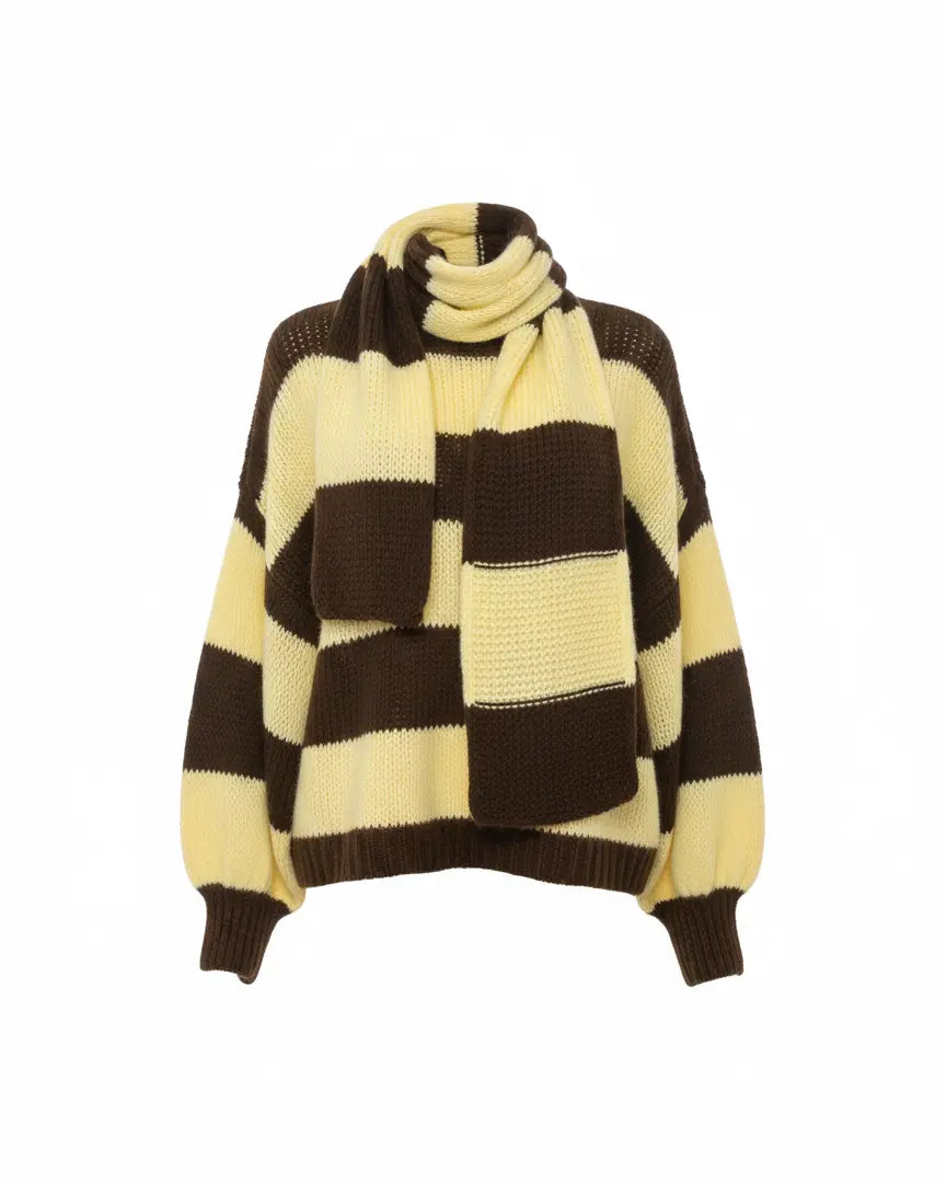 Maglione con scollo a V e sciarpa coordinata IRONICA Taglia unica (44/46 o M/L) / Giallo