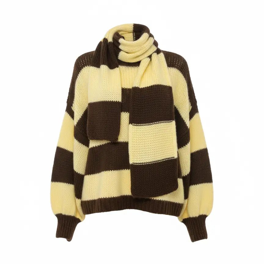 Maglione con scollo a V e sciarpa coordinata IRONICA Taglia unica (44/46 o M/L) / Giallo