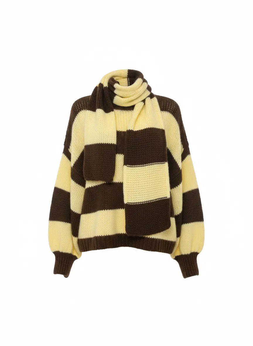 Maglione con scollo a V e sciarpa coordinata IRONICA Taglia unica (44/46 o M/L) / Giallo