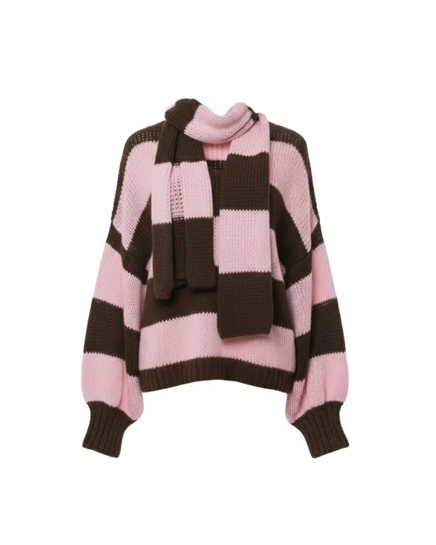 Maglione con scollo a V e sciarpa coordinata IRONICA Taglia unica (44/46 o M/L) / Rosa