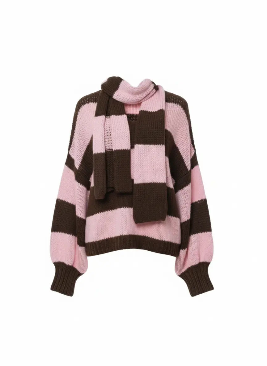 Maglione con scollo a V e sciarpa coordinata IRONICA Taglia unica (44/46 o M/L) / Rosa