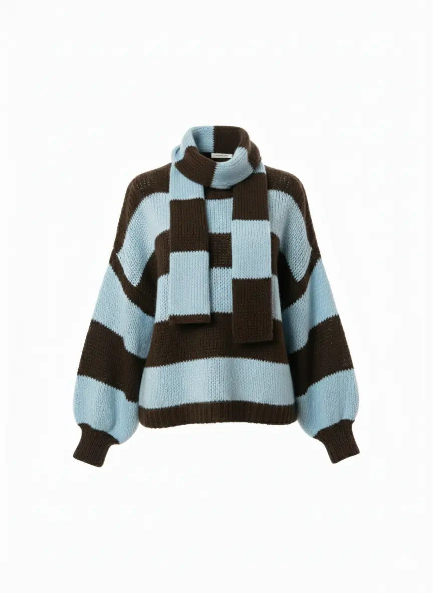 Maglione con scollo a V e sciarpa coordinata IRONICA Taglia unica (44/46 o M/L) / Celeste