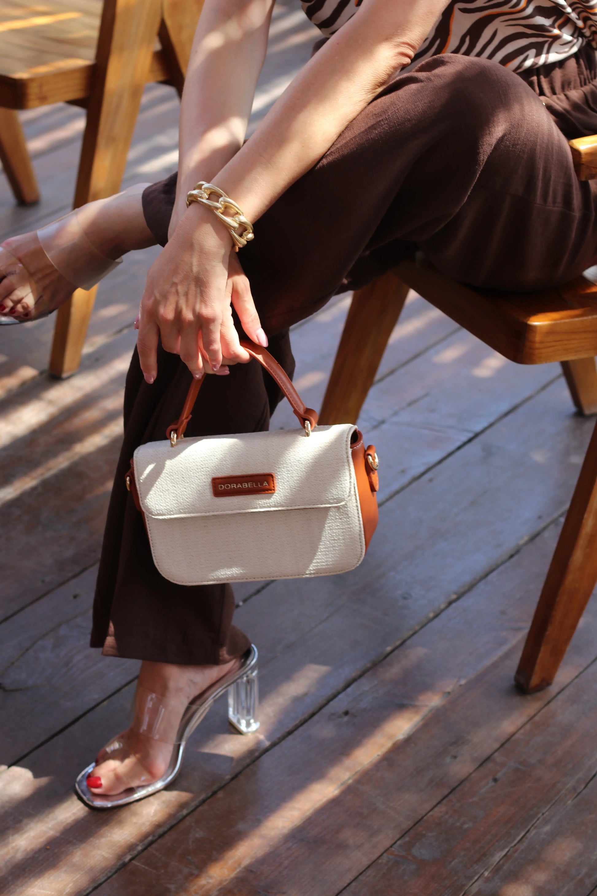 Mini bag in rafia con dettagli in ecopelle e tracolla a catena BEIGE DORABELLA