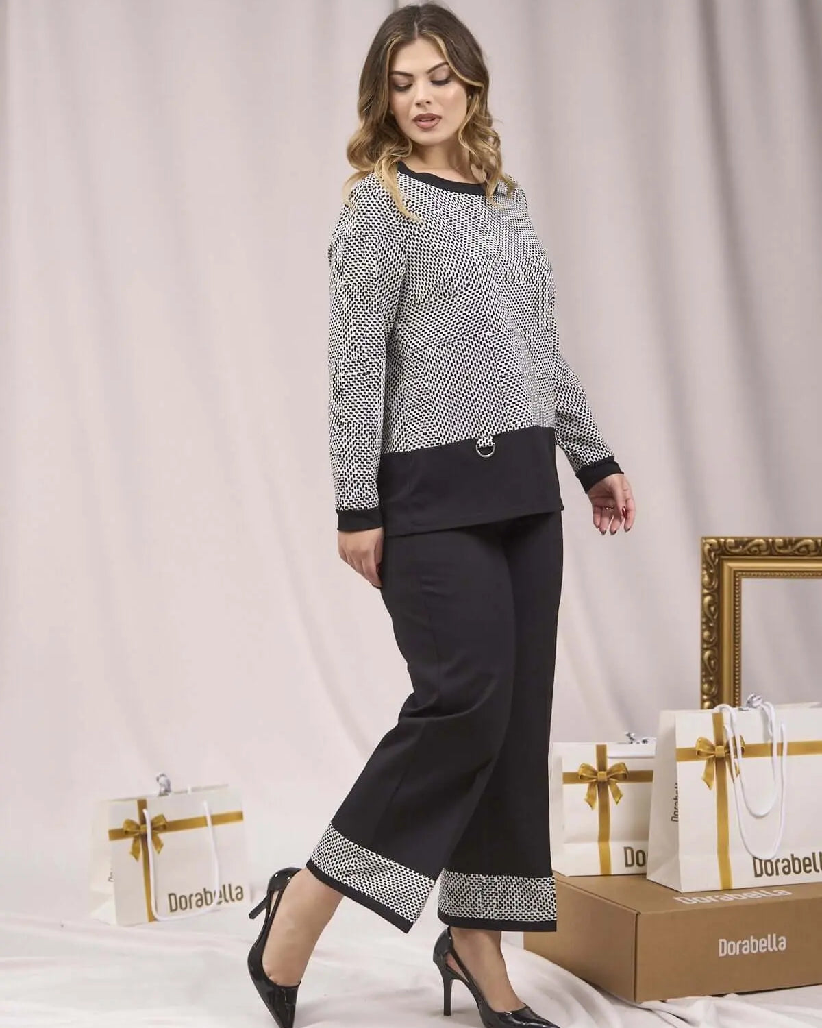 PANTALONE TINTA UNITA CON FONDO FANTASIA NERO DORABELLA XXXL