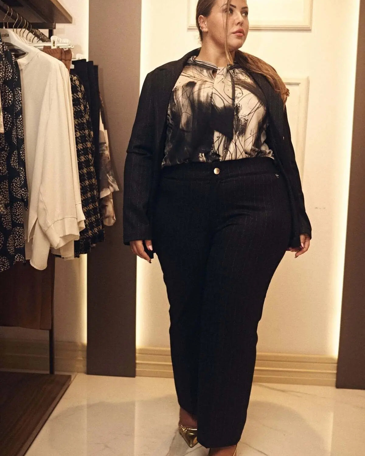 Pantalone a gamba dritta in essuto gessato lurex NERO-ORO DORABELLA PIU'