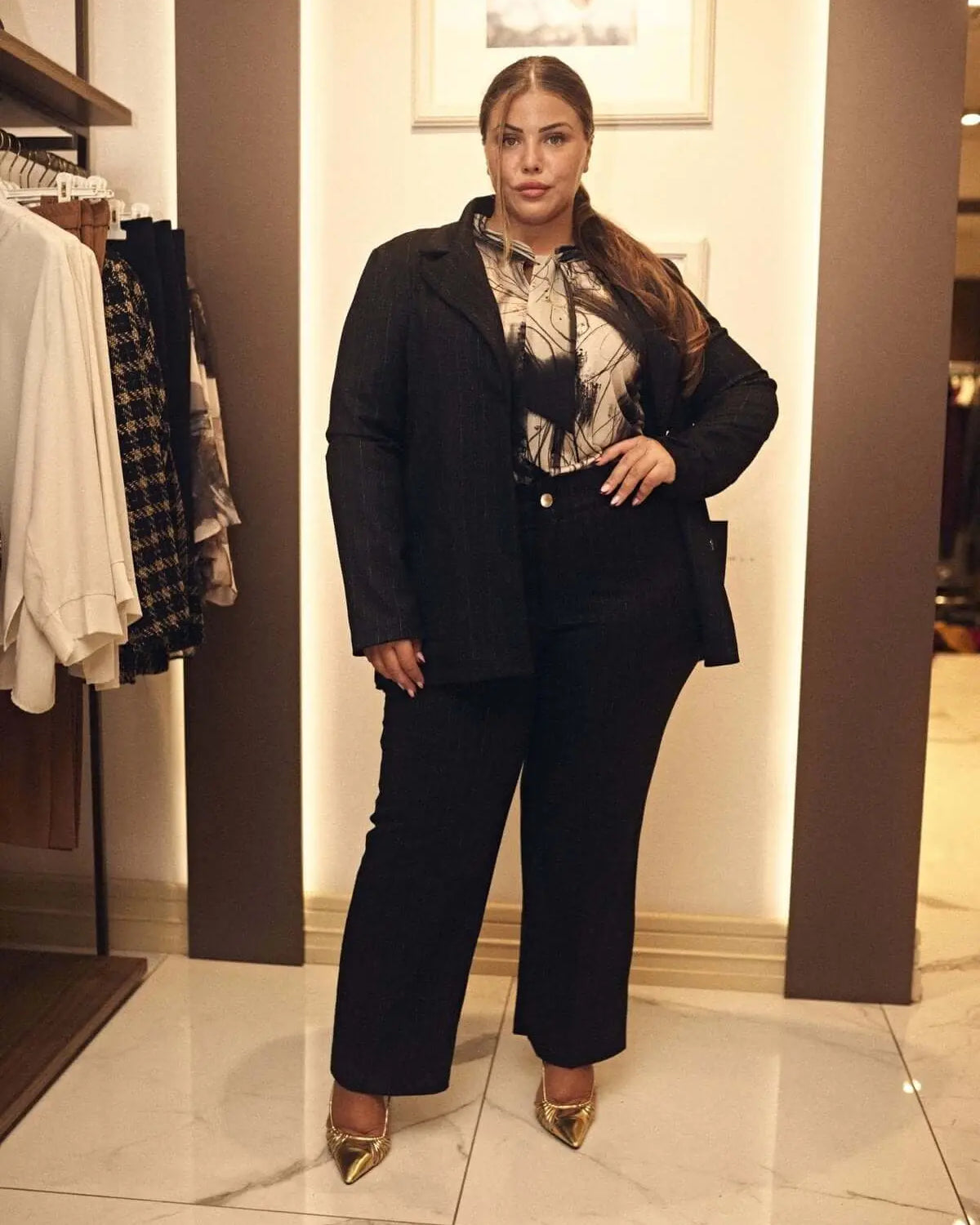 Pantalone a gamba dritta in essuto gessato lurex NERO-ORO DORABELLA PIU'