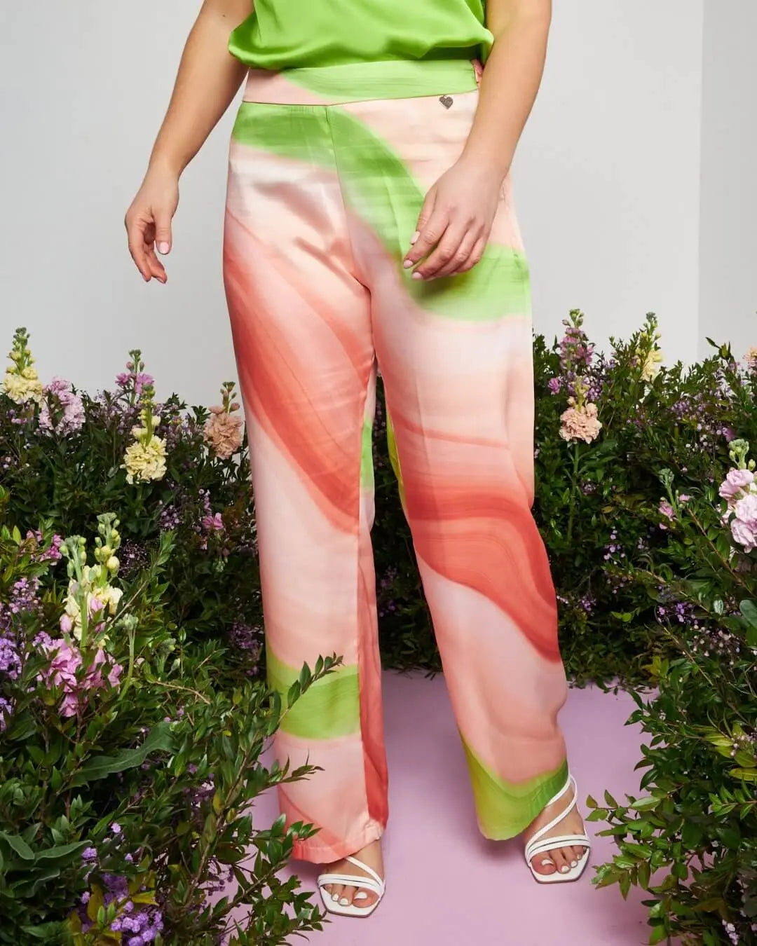 Pantalone a gamba dritta in raso con fantasia astratta sfumata CIPRIA DORABELLA XXL