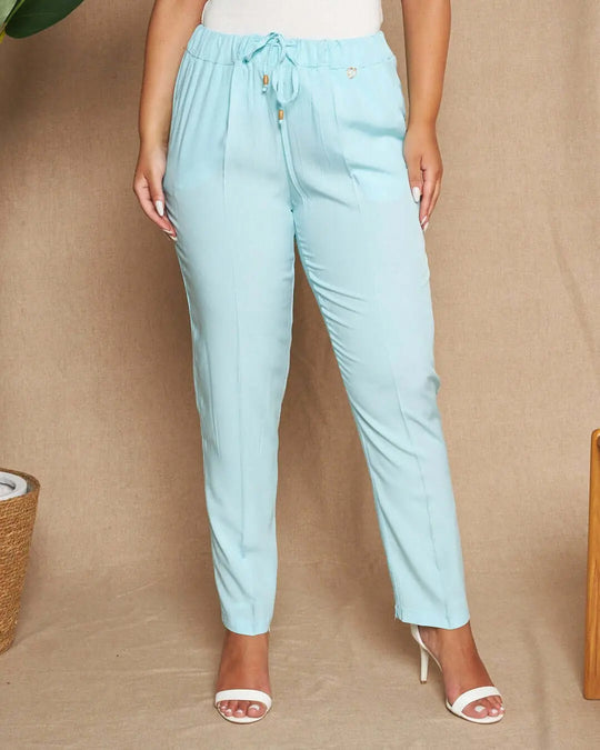 Pantalone a gamba dritta in twill di viscosa tinta unita con coulisse in vita. VERDE ACQUA DORABELLA