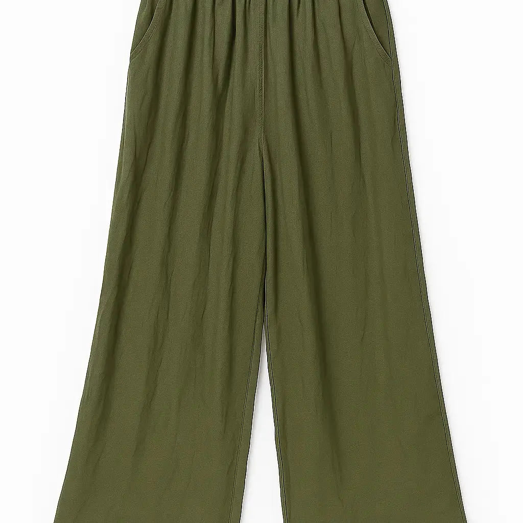 Pantalone a palazzo con vita elastica in tessuto bollito Unica by Dorabella Verde-oliva-Taglia-Unica-Curvy-fino-alla-54