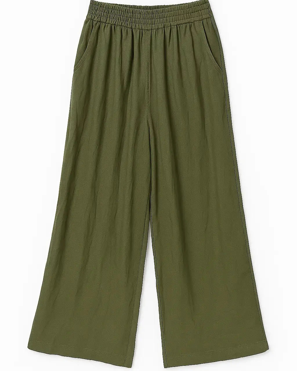 Pantalone a palazzo con vita elastica in tessuto bollito Unica by Dorabella Verde-oliva-Taglia-Unica-Curvy-fino-alla-54