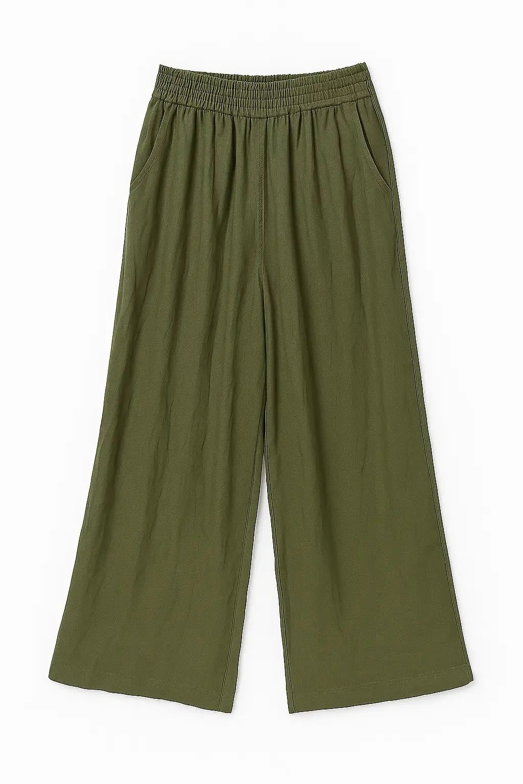 Pantalone a palazzo con vita elastica in tessuto bollito Unica by Dorabella Verde-oliva-Taglia-Unica-Curvy-fino-alla-54